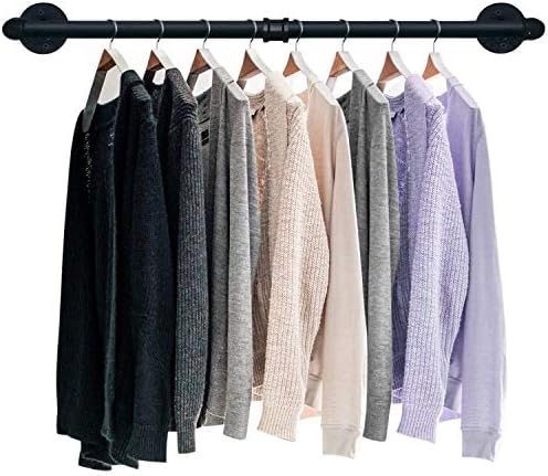 TLBTEK Industrial Pipe Clothes Rack,Heavy Duty Rustic Clothes Hanging Shelves System,Wall Mounted Detachable Black Iron Metal Garment Bar for Retail Display,Closet Organization (36 Inch)