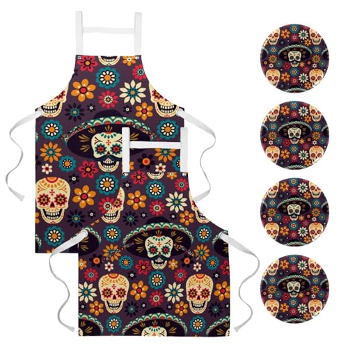 Lot de 2 tabliers de cuisine avec 4 broches ajustables au motif floral mexicain
