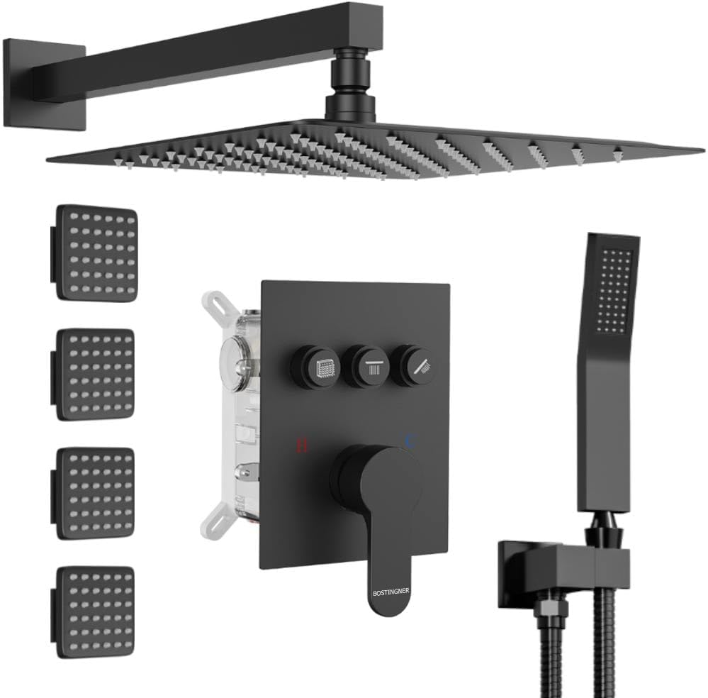 Shower Faucets Sets Matte Black Shower System with Body Jets,Bostingner 12" Rain Shower Head with Handheld Spray,Can Use at Same Time,3 Way Push Button Diverter Shower Set with Valve Kit Complete