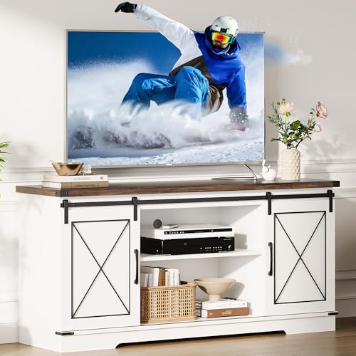 GarveeHome Farmhouse TV Stand for TV up to 65 in and Entertainment Center with Sliding Barn Doors, Tv Media Console Table with Storage Cabinet for Liv