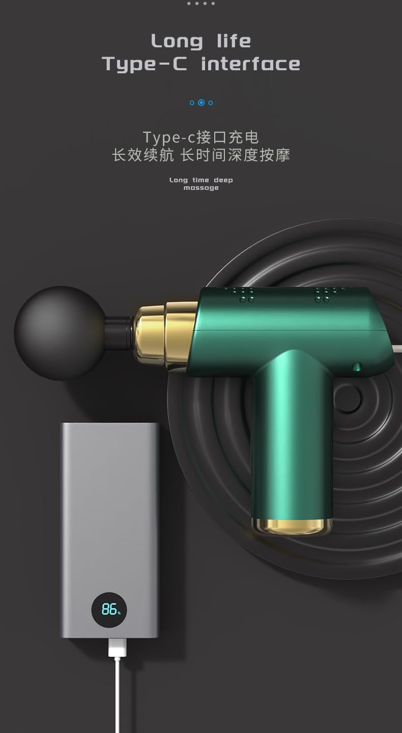 A green Mini Fascia Gun being charged via a Type-C cable connected to a power bank, with a digital display showing 86% charge.