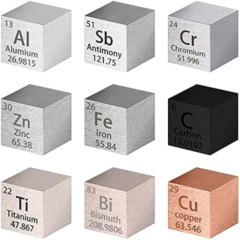 9 Pieces Element Cube Set 10mm Density Cubes Periodic Table Pure Metal Cube Zinc Copper Bismuth Chromium Aluminum Antimony Iron Carbon Titanium for Element Collections Material Hobbies Cover
