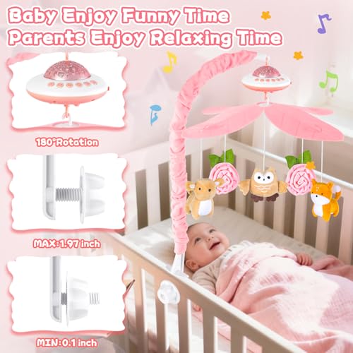 Baby Mobile Babybett, Mobile Baby mit Musik und Projektion, Mobile Wickeltisch Baby Mobiles für Bett, Spieluhr Baby Mädchen Junge, Baby Spielzeug 0 3 6 9 12 Monate Rosa