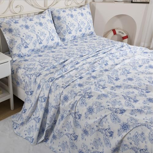 Image of FADFAY Premium 100% Cotton Nautical Sheet Set King - Coastal Blue & White Sailing Ship Bed Sheets, Vintage Maritime Map Print, Soft Breathable Deep Pocket Bedding, 4 Piece Set