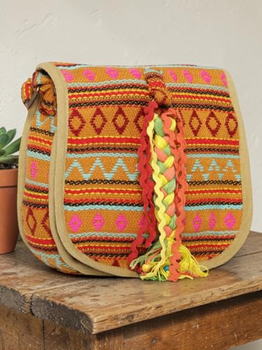 Image of The House of tara Ethnic Handloom Crossbody Sling Bag | Embellished with Tassels and Trims. Flap Closure Snap Button | Multicolour Crossbody Bag for Women | Handmade | Elegant Design