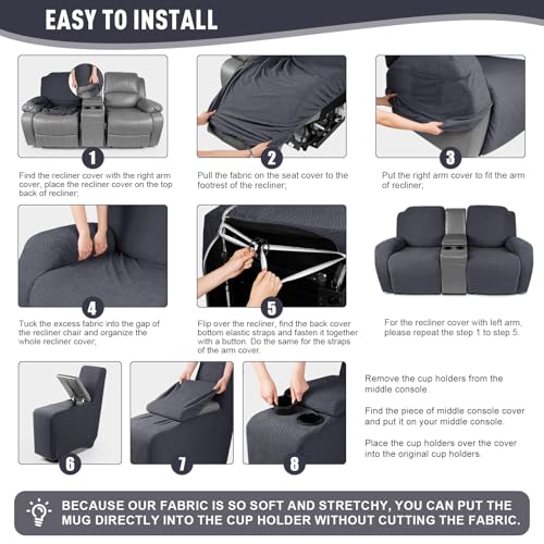 Image of KinCam Loveseat Recliner Covers with Middle Console Slipcover, Recliner Sofa Covers 2 Seat Couch Cover Stripe Jacquard Furniture Protector Covers with Elastic Bottom for Kids, Pets (Charcoal Gray)
