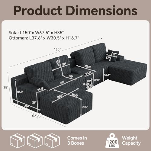 Image of 150 inch Oversized U-Shaped Modular Sectional Sofa | Multi Functional Console,Wireless Charging,6-Seater Upholstered Couch with USB and 2 Cup Holder,Easy Assembly,for Living Room