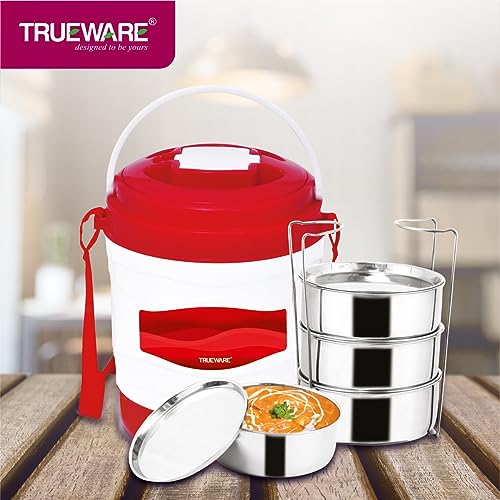 Image of Trueware Marina 4 Lunch Box with 4 Steel Container, 300 ml X 4 Red | PU Insulated | Tiffin | Hot Lunch Box | Leak Proof | Easy to Carry | Food Grade | BPA Free | Office | Outdoors | for Men Women