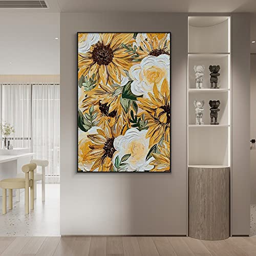 Peinture tournesol 3D peinte à la main, grande toile abstraite verticale
