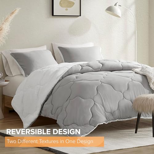Image of Comfort Spaces Queen Comforter Set, Chic Reversible Quatrefoil Quilting, Sherpa Comforters Queen, All Seasons, Lightweight Microfiber Bedding Set Matching Sham, Vixie, Full /Queen Grey /White 3 Piece