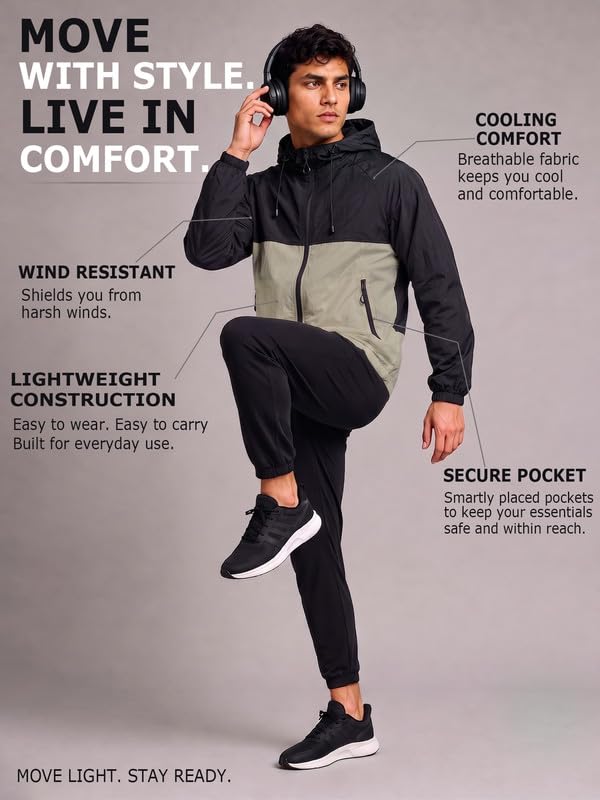 Image of CHKOKKO Windcheater Jacket For Men With Hood UPF 50+ UV Sun Protection | Lightweight Breathable Water-Repellent Windbreaker | Nylon Fabric Outdoor Running Biker Dailywear Jacket