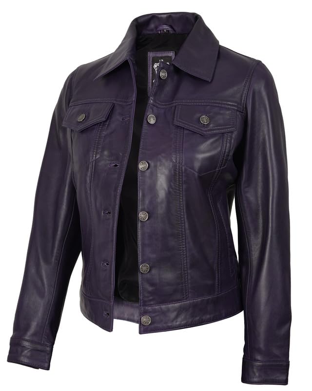 Image of Decrum Trucker Leather Jacket Women - Button Closure Vintage Style Real Lambskin Womens Leather Jacket