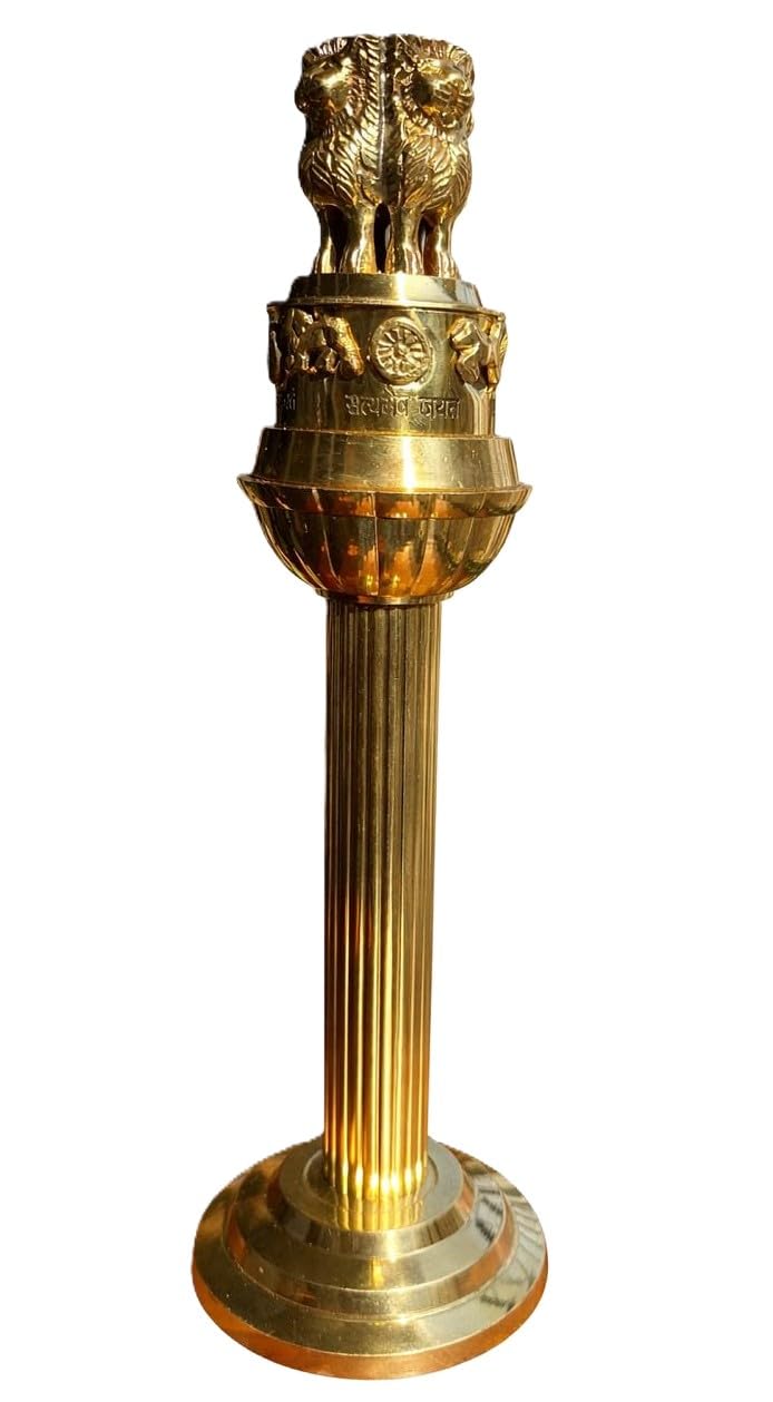 Pure Brass Ashok Stambh National Emblem of India Showpiece Figurine | Handcrafted, Antique Golden Finish-image-29