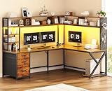 SEDETA L Shaped Desk with Hutch and 3 Drawers, Convertible 94.5' Computer Desk with File Drawer, L Shaped Office Desk with Power Outlet, LED Lights, Storage and Pegboard for Home Office, Brown