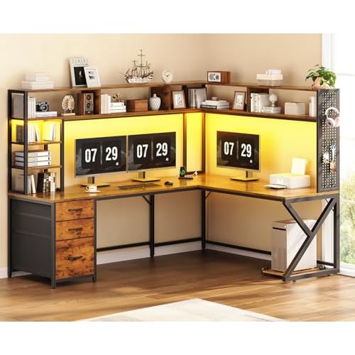 SEDETA L Shaped Gaming Desk with Storage Shelves and Hutch, Convertible 94.5" Computer Desk with Drawers, Corner Computer Desk with Power Outlet, LED
