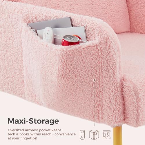 Mondeer Sessel, Einzel Loungesofa mit Seitentasche mit Metallbeinen Gemütlicher Kunstlammfell Stoff Modern, für Wohnzimmer Schlafzimmer Arbeitszimmer, 63 x 75 x 75 cm, Rosa