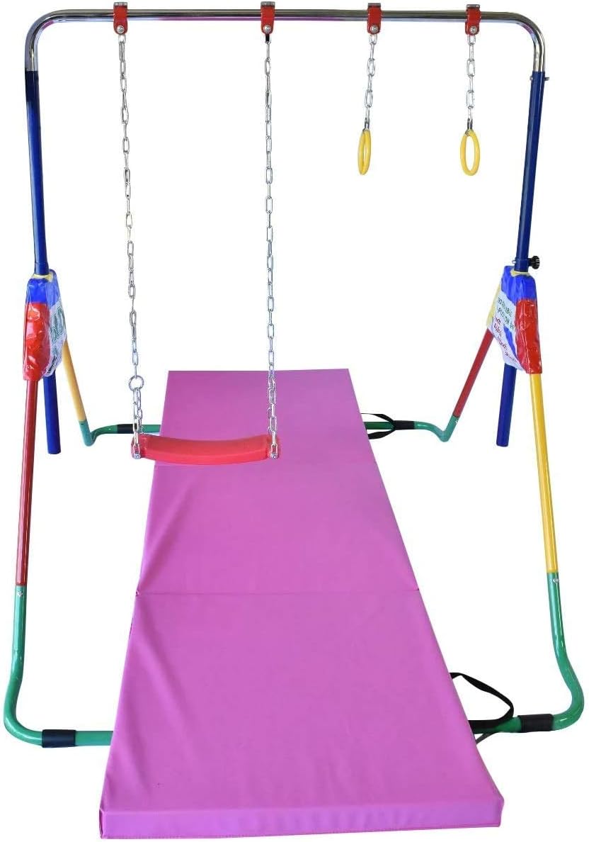 Gymnastics Kids Height Adjustable 5 in 1 Horizontal Kip Bar, Tri Fold Tumble Mat, Swing Seat, Trapeze Rings, Basketball Hoop - Folding Training Home Junior Expandable Monkey