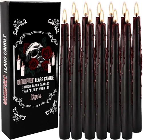 Wfmolcand 12PCS 10-Inch Black Bleeding Taper Candles Vampire Tears Taper Candles- Unscented Ideal for Gothic Rituals Halloween Christmas Rituals and Themed Party Decor