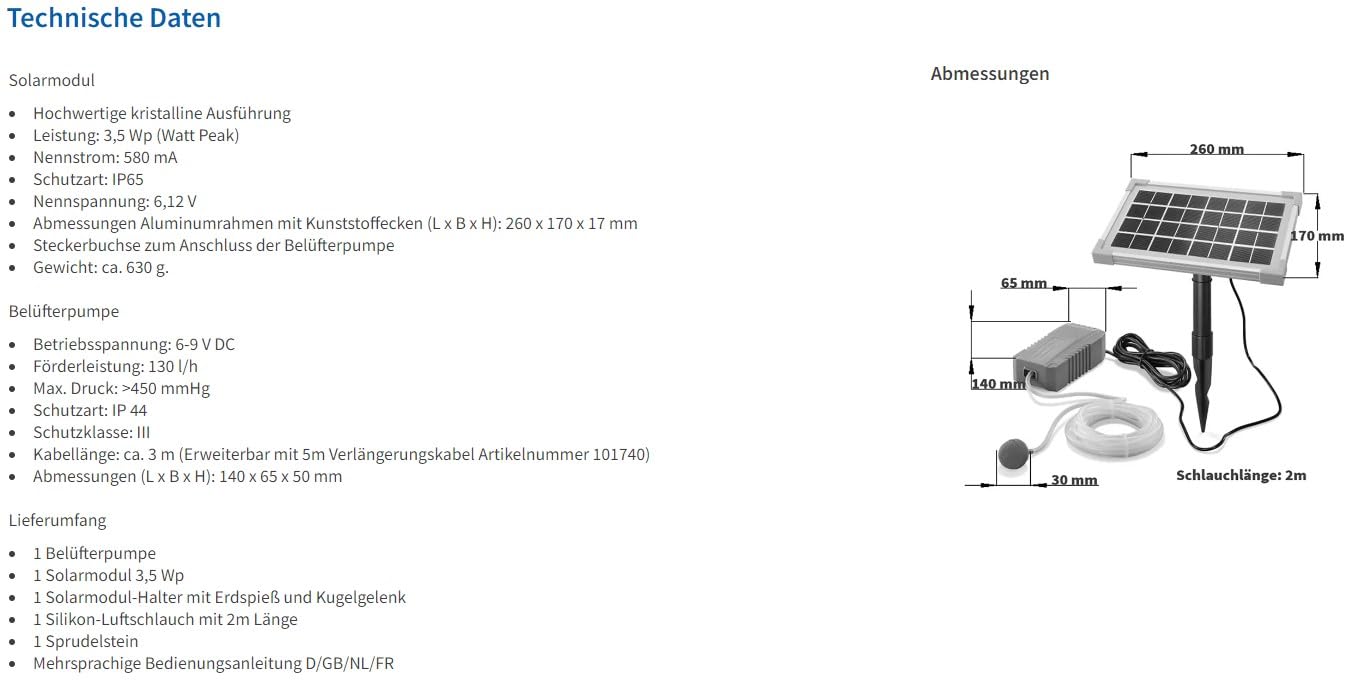 Esotec Solar Teichbelüfter 3,5/130, Teichbelüftung, Sauerstoffpumpe, 130 l/h Luftleistung, Solarmodul 3,5W, Erdspieß, Luftschlauch, Luftausströmer, 101841