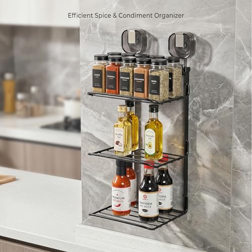 Image of Premium 2-Tier Stainless Steel Kitchen Rack | Wall Mount Modular Organizer Shelf & Multipurpose Storage Stand for Spices, Pantry & Bathroom Toiletries | Space Saving Design (BLACK)