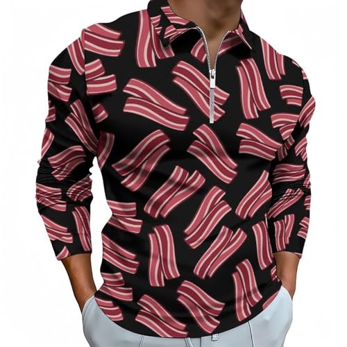 Polo à manches longues pour homme imprimé bacon noir t-shirt de golf automne avec zip