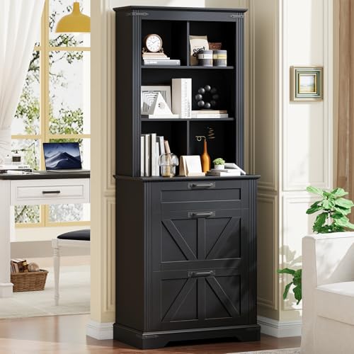 Image of Vabches Farmhouse Bookshelf with 3 Large Drawers, 70 inch Tall Bookcase with 5-Cube Storage Organizer, 3 Tier Wood Display Storage Cabinet for Home Office, Living Room, Rustic Black
