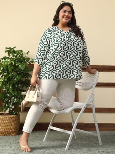 Image of oxolloxo Women Plus Size Green Abstract Rayon Print V-Neck with Long Roll up Sleeve & Pleate Detail Top