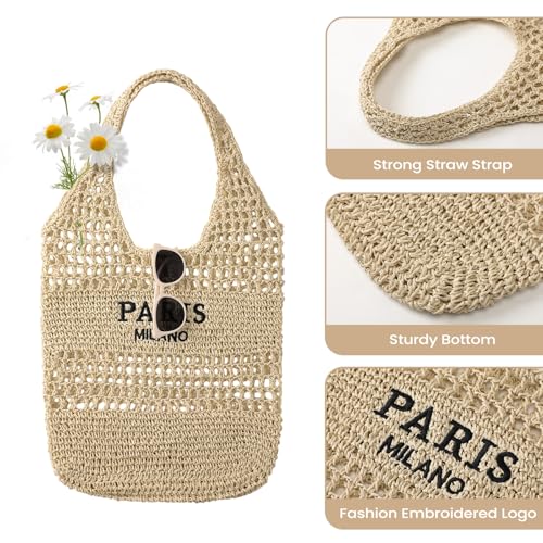 Image of Pleneal Beach Bags for Women - Women Beach Tote Bag, Summer Mesh Hollow Straw Tote Bag for Holiday Market