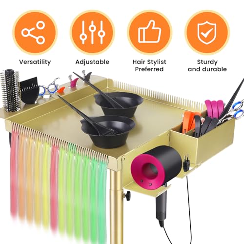 Image of Salon Senor Gold Salon Rolling Tray Hair Extension Tray Cart | Iron material,for salon use,height adjustable,movable with wheels,with storage box and hair separator clip