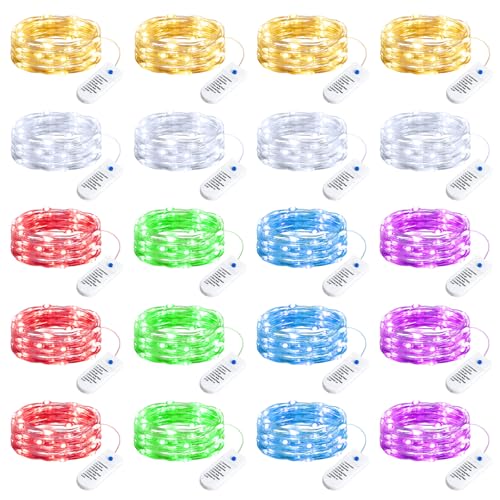 Image of Minetom 20 Pack 6 Colors Battery Operated Fairy String Lights 8 Modes | 7ft 20LED Waterproof Silver Wire Twinkle Lights, Firefly Starry Moon Lights for Mason Jars DIY Christmas Wedding Part