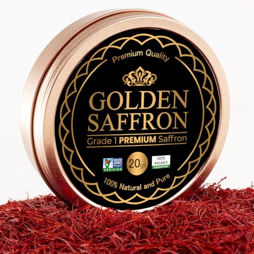 Golden Saffron, Finest Pure Premium All Red Saffron Threads, Grade A+ Super Negin, Non-GMO Verified. For Tea, Paella, Rice, Desserts, Golden Milk and Risotto (20.0 Grams)