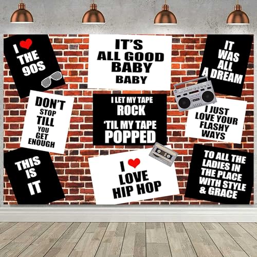 Sensfun Hip Hop 90s Theme Backdrop Retro Red Brick Wall Photography Background Back to The 90s Birthday Decorations Rap Music 90'S Hip-Hop Black White Graffiti Party Banner Photo Booth Props 7x5ft