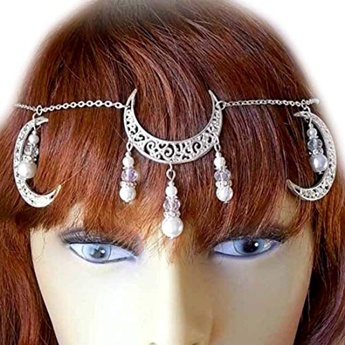 Fashband Crescent Moon Head Chain Boho Headband Forehead Ornamental Jewelry Pagan Moon Circlet Fashion Hair Accessory Witchy Gothic Tiara Crown Festival Jewelry for Women and Girls (Silver)