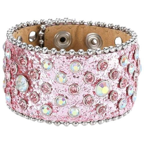 YWMAN Rhinestone Studded Leather Cuff Bracelet with Snap Closure, Bling Wide Bangle for Women & Men(Pink)