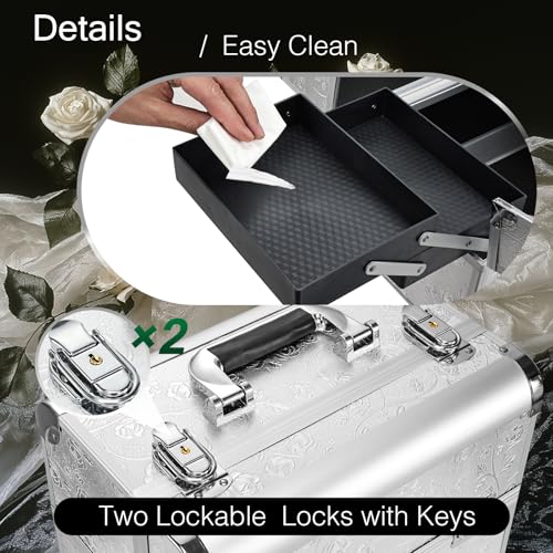 Maletín Maquillaje Profesional Estuche Maquillaje Caja de Maquillaje Maletín Manicura Neceser de Maquillaje Cosmético Joyero Organizador Regalos con Correa para el Hombro para Mujer, Plateado - imagen 5