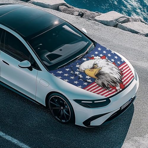Image of USA Flag Car Hood Cover Elastic Car Hood Cover Banner 3D Eagle Car Hood Dust Covers 4th of July Automobile Front Hood Cover Cars Sedan Accessories