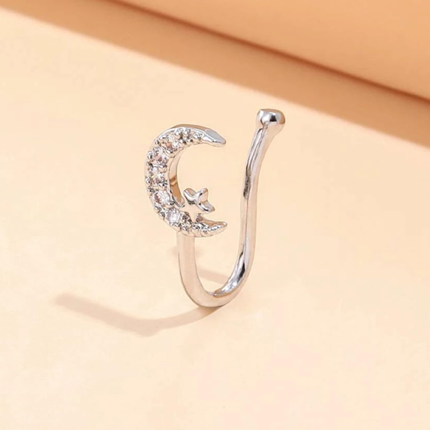 CZ Fake Nose Ring for Women Gold Moon Star Septum Nose Rings Indian U Shaped Clip on Nose Cuff Faux Diamond Moon Star Bendable Nose Ring Stud Non Piercing Body Halloween Jewelry