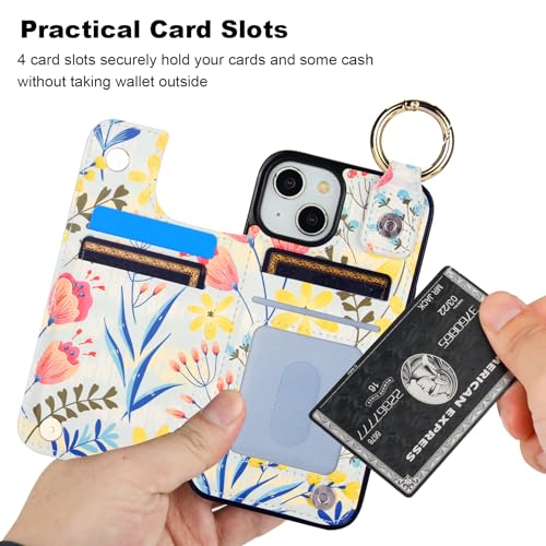 Image of HAOPINSH for iPhone 13 iPhone 14 Wallet Case with Card Holder, Floral Flower Print Back Flip Folio PU Leather Kickstand Card Slots Case, Finger Grip Ring Double Magnetic Clasp Shockproof 6.1 inch