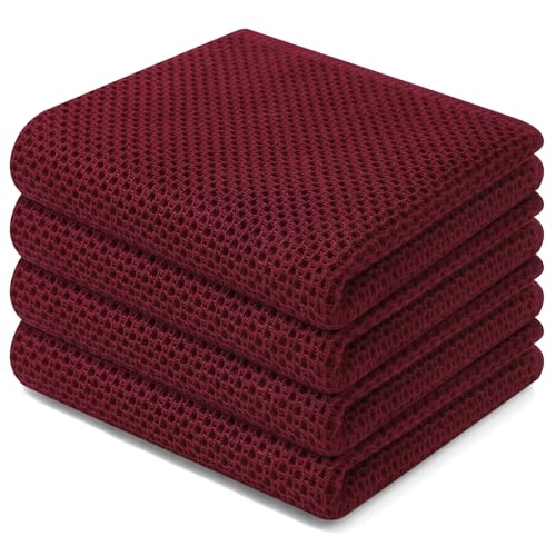 Image of Homaxy 100% Cotton Waffle Weave Kitchen Dish Towels, Ultra Soft Absorbent Quick Drying Cleaning Towel, 13 x 28 Inches, 4-Pack, Burgundy
