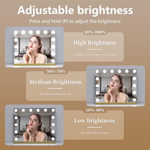 Image of Vanity Mirror with Lights 19.7''x16.6'' Makeup Mirror with Lights Lighted Up Mirror with Dimmable LED Bulbs,3 Color Lighting Modes,USB Charging Port Touch Control,Sturdy Metal Frame Design,Gold