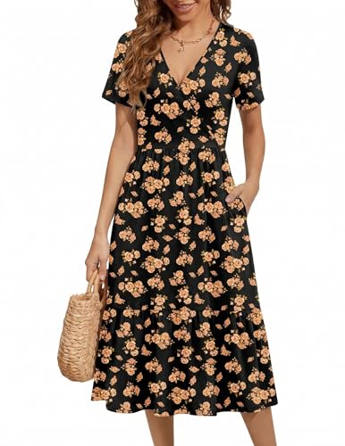 Zeagoo Vestido largo de verano para mujer, cuello en V, manga corta, casual, largo, cruzado, floral, vestido de playa con bolsillos, Flores naranjas, XL