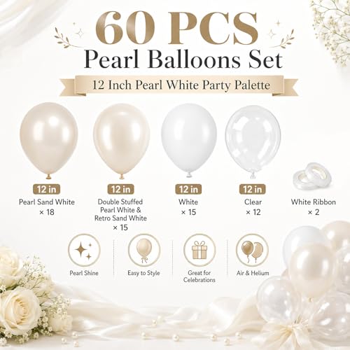 Image of Pearl Balloons, 60Pcs Pearl White Balloons, 12 Inch Latex Double Stuff Pearl White Balloons for Wedding Bridal Shower Baby Shower Wedding Anniversary Engagement Neutral Birthday Party Decorations