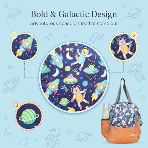 Image of ORBY Lunch Bag Galaxy Spaceship Orange | Water-Repellent Durable Fabric | Tiffin Bag with Bottle Holder & Front Pocket | Strong Zipper & Spacious Meal Storage (Spaceship Pattern, Orange)