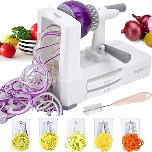 SURPEER 5-Blade Slicer For Fruits And Vegetables,Noodle Spiralizer With Sturdy Suction,Heavy Duty Base Spaghetti Squash,Hand Mixer For Low Carb/Paleo/Gluten-Free Meals,With Spiralizer Recipes