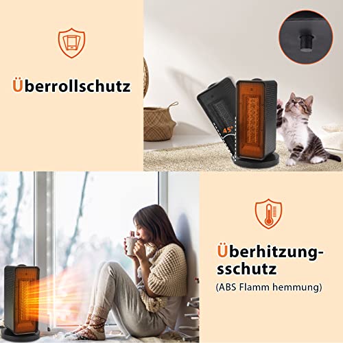 Keramische ventilatorkachel, 1200 W/600 W, met 2 standen, 90 graden oscillerende elektrische verwarming met oververhittings- en kantelbeveiliging, voor badkamer, woonkamer, kantoor, terras - Afbeelding 5