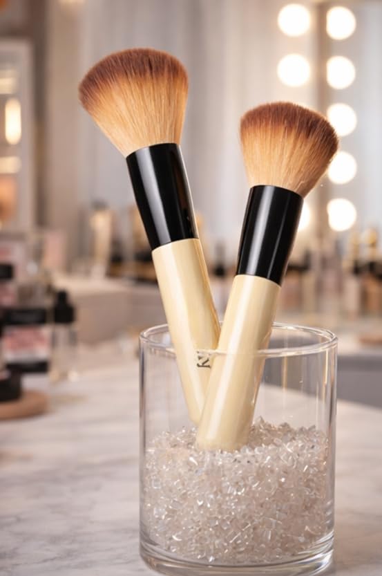 Image of Foundation Makeup Brush for Face | Soft Bristle Compact Powder & Blending Brush | Professional Cosmetic Brush for Women & Girls | Black | Brown