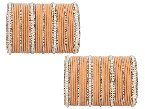 NMII Metal with Cubic Zirconia and Pearls Velvet Bangles For Women and Girls, (F172-Peach-2.4 Inches), Pack Of 78 Bangles Set