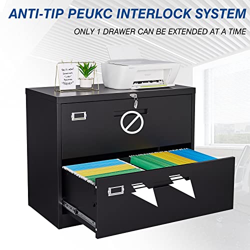 Peukc Lateral File Cabinet With Lock, 2 Drawer Storage Filing Cabinet With Anti-Tilt Mechanism, Metal File Cabinets For Home Office,Hanging Files Legal/Letter A4 Size (Assemble Required,Black) #TOP3