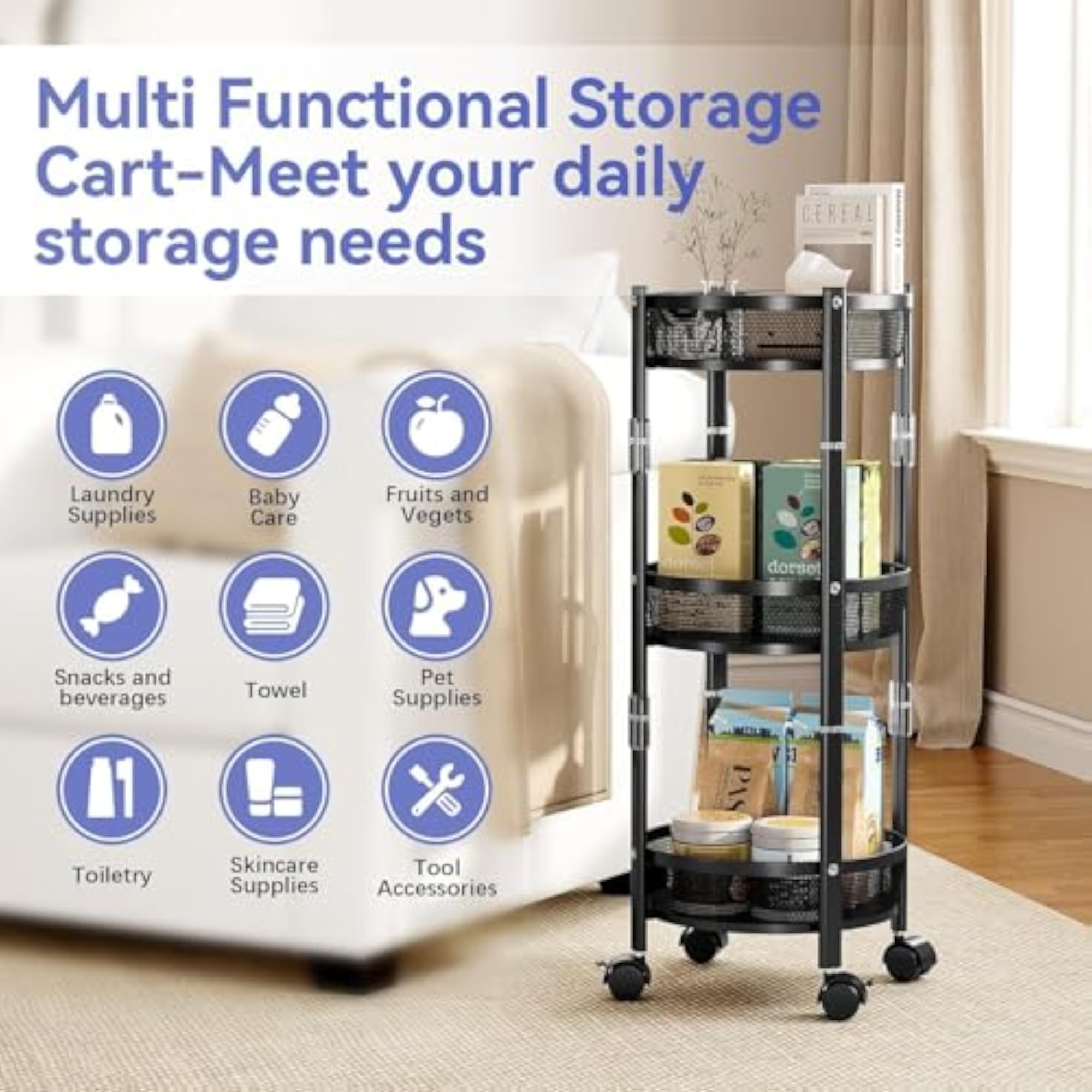 3 Tier Rolling Cart with Wheels, Metal Mesh Organizer