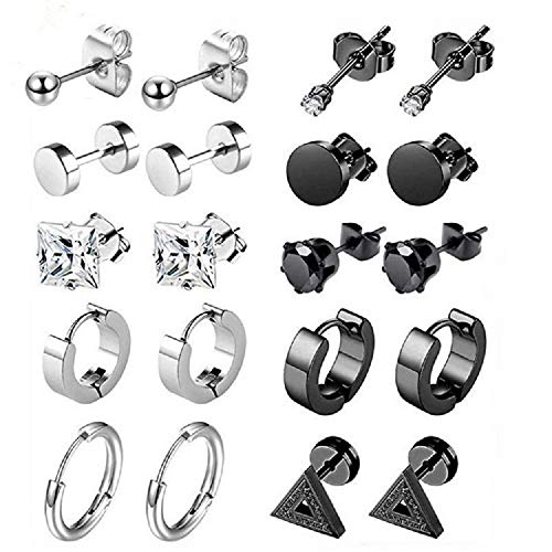 K&Q 10 Pairs Stainless Steel CZ Stud Earrings Hoop Earrings Set Huggie Hoop Ear Piercing for Woman Men Teen Girls and Boys Gift